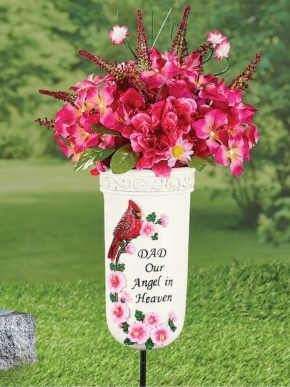 Memorial Garden Vase with Pink Floral Spray and Cardinal